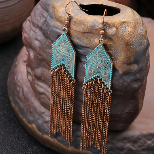 TMER64 - Bronze & Blue Tassle Long Earrings