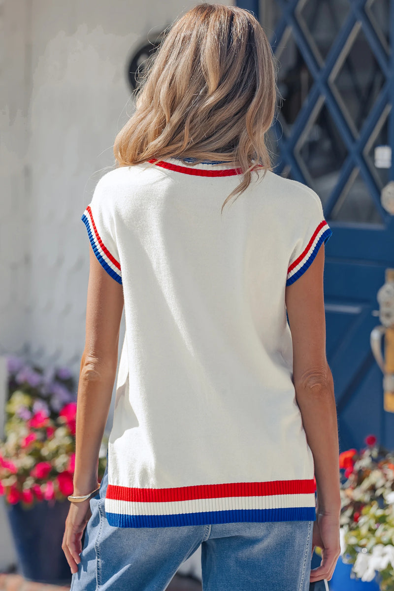 Load image into Gallery viewer, DLLS636 - Ladies White USA Contrast Striped Trim Round Neck Short Sleeve Sweater
