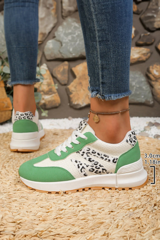 DLLSHOE 165 - Green PU Leather Leopard Color Block Detail Lace Up Sporty Sneakers