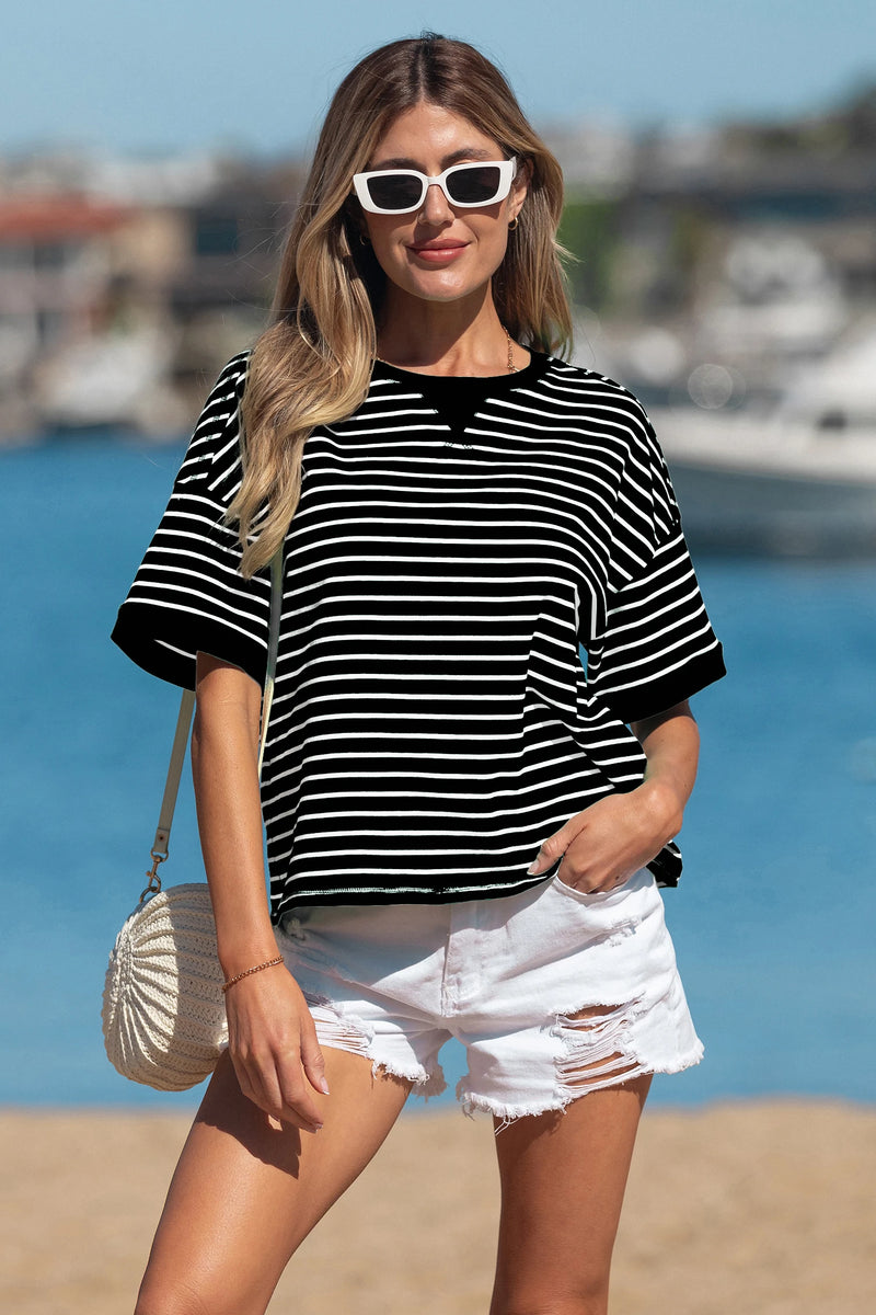 Load image into Gallery viewer, DLLS593 - Ladies Black Stripe Ribbed Patchwork Seam Detail Half Sleeve Tee
