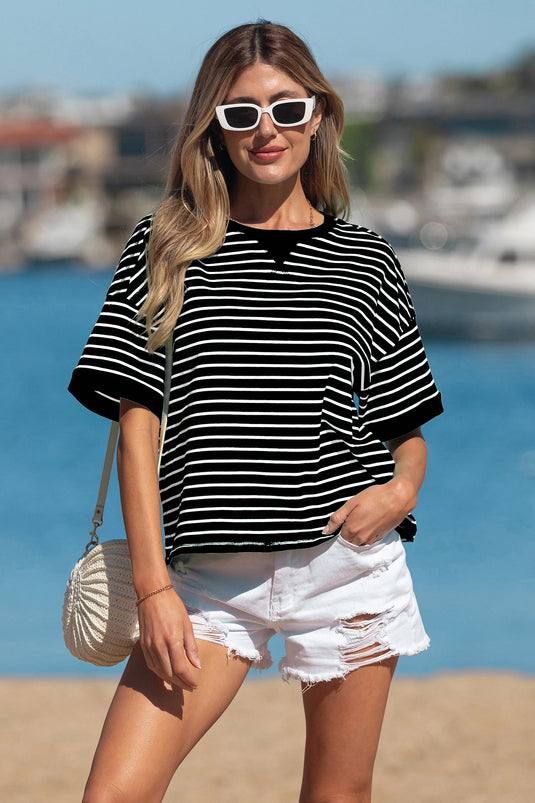 DLLS593 - Ladies Black Stripe Ribbed Patchwork Seam Detail Half Sleeve Tee