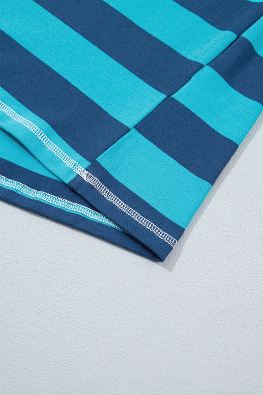 DLLS1152 - Ladies Blue Stripe Contrast Polo Collar Bracelet Sleeve Loose Top