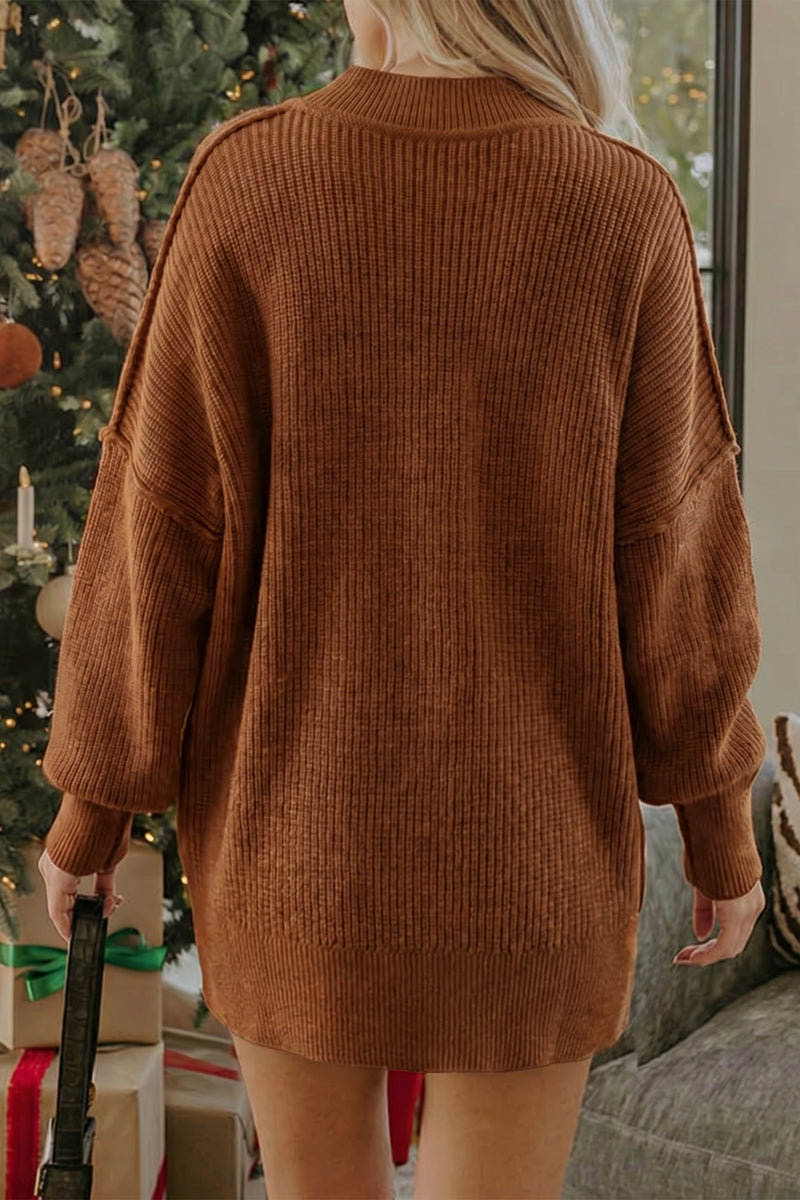 Load image into Gallery viewer, DLLS737 - Ladies Chestnut Long Sleeve Ribbed Knit Stand Neck Regular Fit Sweater
