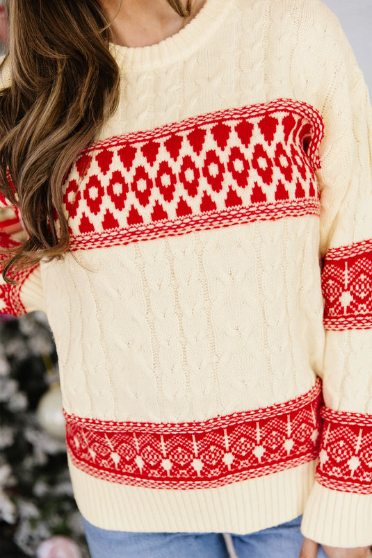 DLLS1156 - Ladies Red Western Print Round Neck Long Sleeve Shift Sweater