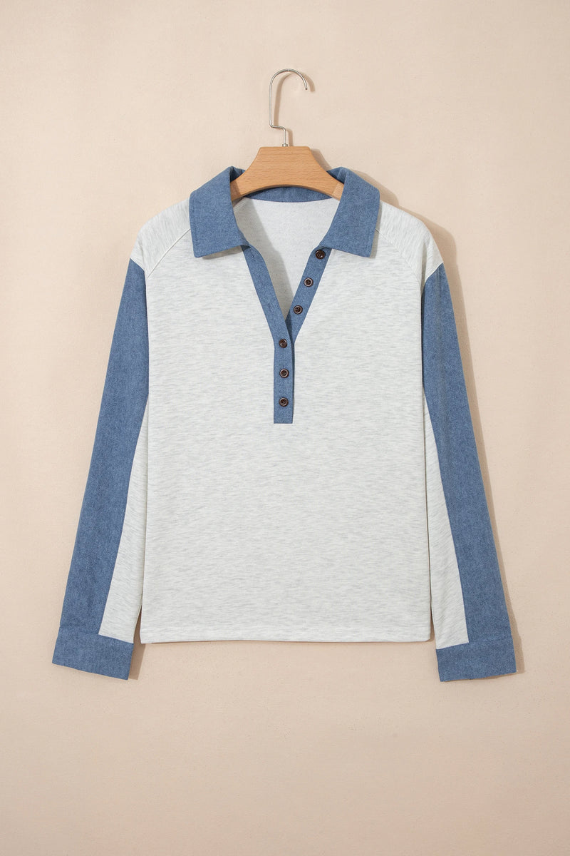 Load image into Gallery viewer, DLLS439 - Ladies Light Grey Denim Patchwork Buttoned Polo Collar Long Sleeve Top
