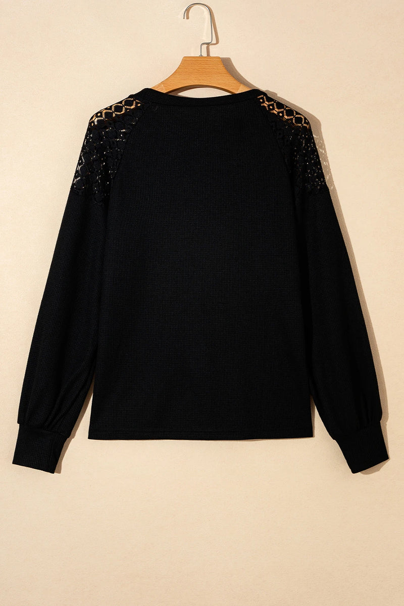 Load image into Gallery viewer, DLLS205 - Ladies Black Lace Long Sleeve Textured Pullover
