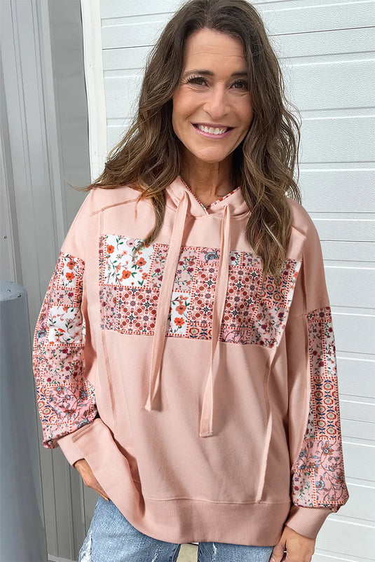 DLLS222 - Ladies Delicacy Mix Floral Patchwork Side Slit Drawstring Hoodie