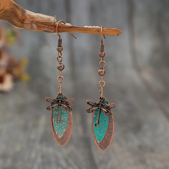 TMER110 - Rustic Dragonfly with Turquoise Accent Earrings