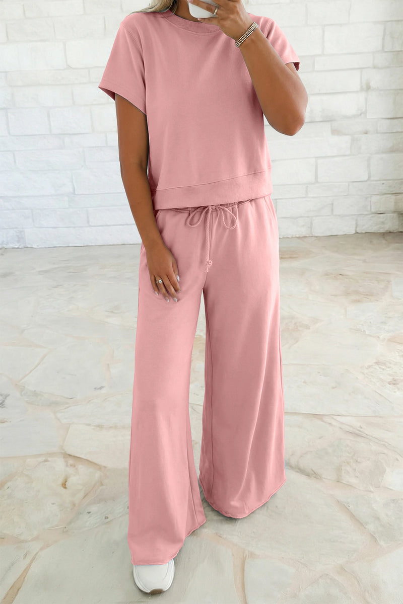 Load image into Gallery viewer, DLLS621 - Ladies Light Pink Solid Color Loose Tee Drawstring Wide Leg Pants 2pcs Outfit
