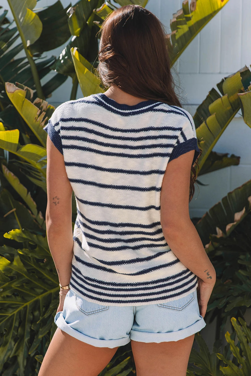 Load image into Gallery viewer, DLLS740 - Ladies Blue Stripe Loose Buttoned V Neck Sweater Vest
