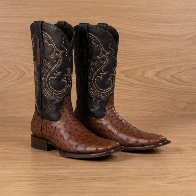 Load image into Gallery viewer, 8029 - RockinLeather Men's Coffee Full Quill Ostrich Square Toe Western Boot
