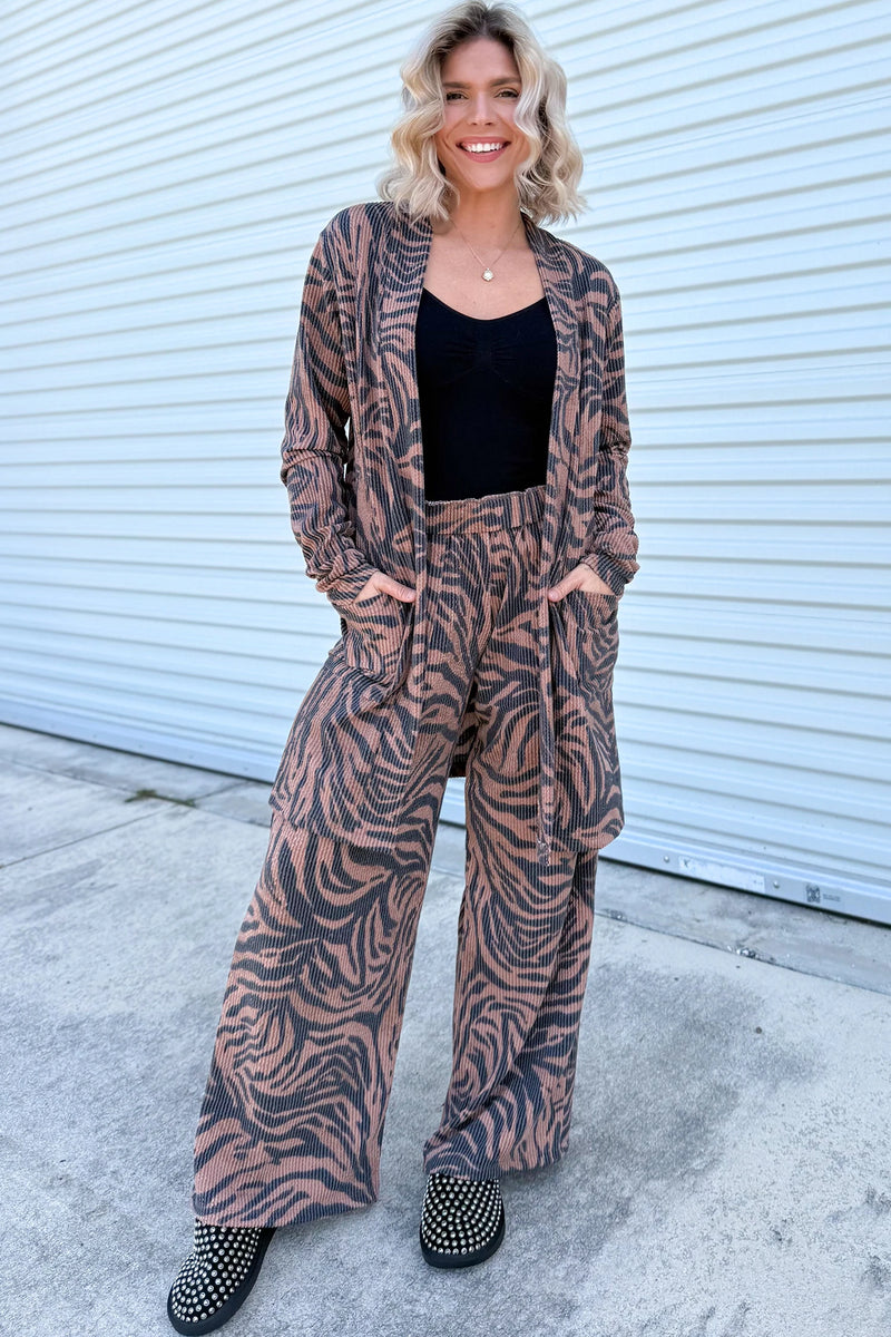 Load image into Gallery viewer, DLLS972 - Ladies Khaki Twisted Ribbed Zebra Print Open Cardigan Wide Leg Pant Set
