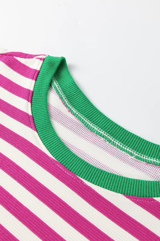 DLLS539 - Ladies Rose Stripe Short Puff Sleeve Contrast Trim Round Neck Tee