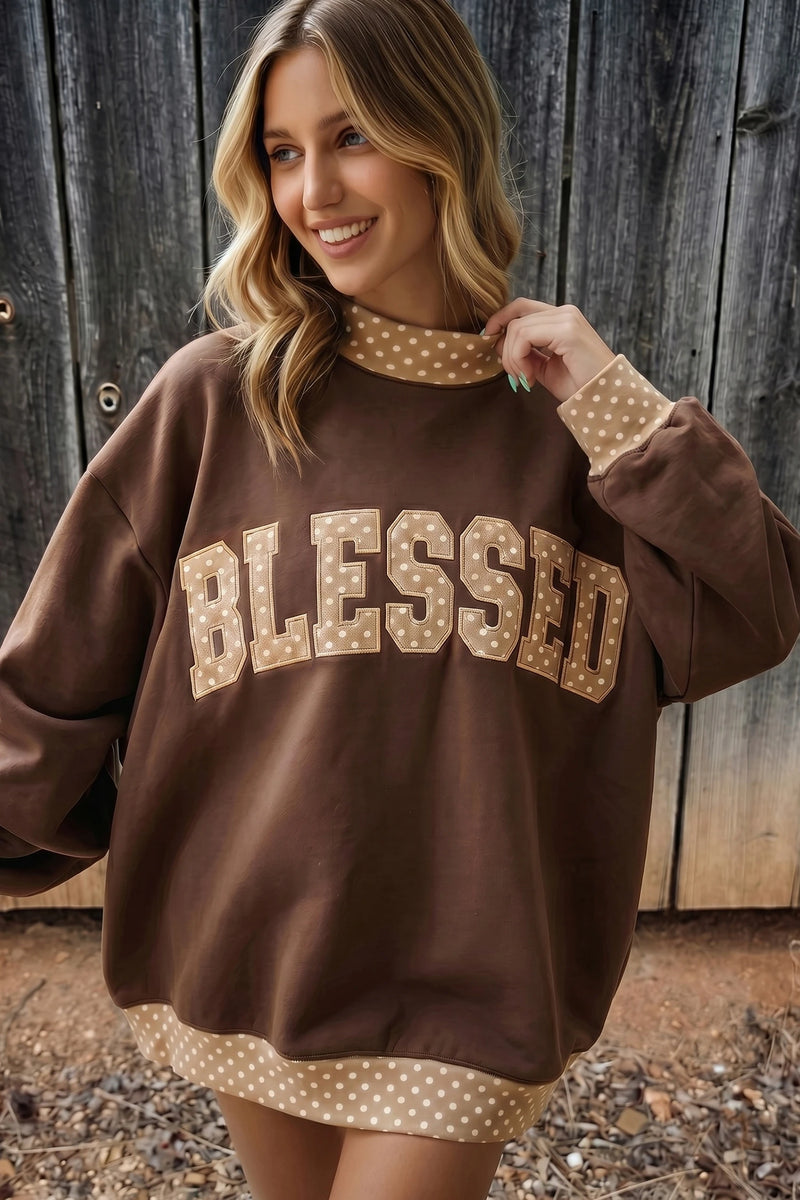 Load image into Gallery viewer, DLLS969 - Ladies Coffee Plaid Trim High Neck BLESSED Letter Graphic Baggy Sweatshirt
