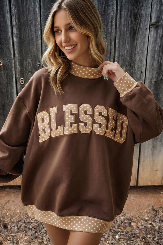 DLLS969 - Ladies Coffee Plaid Trim High Neck BLESSED Letter Graphic Baggy Sweatshirt