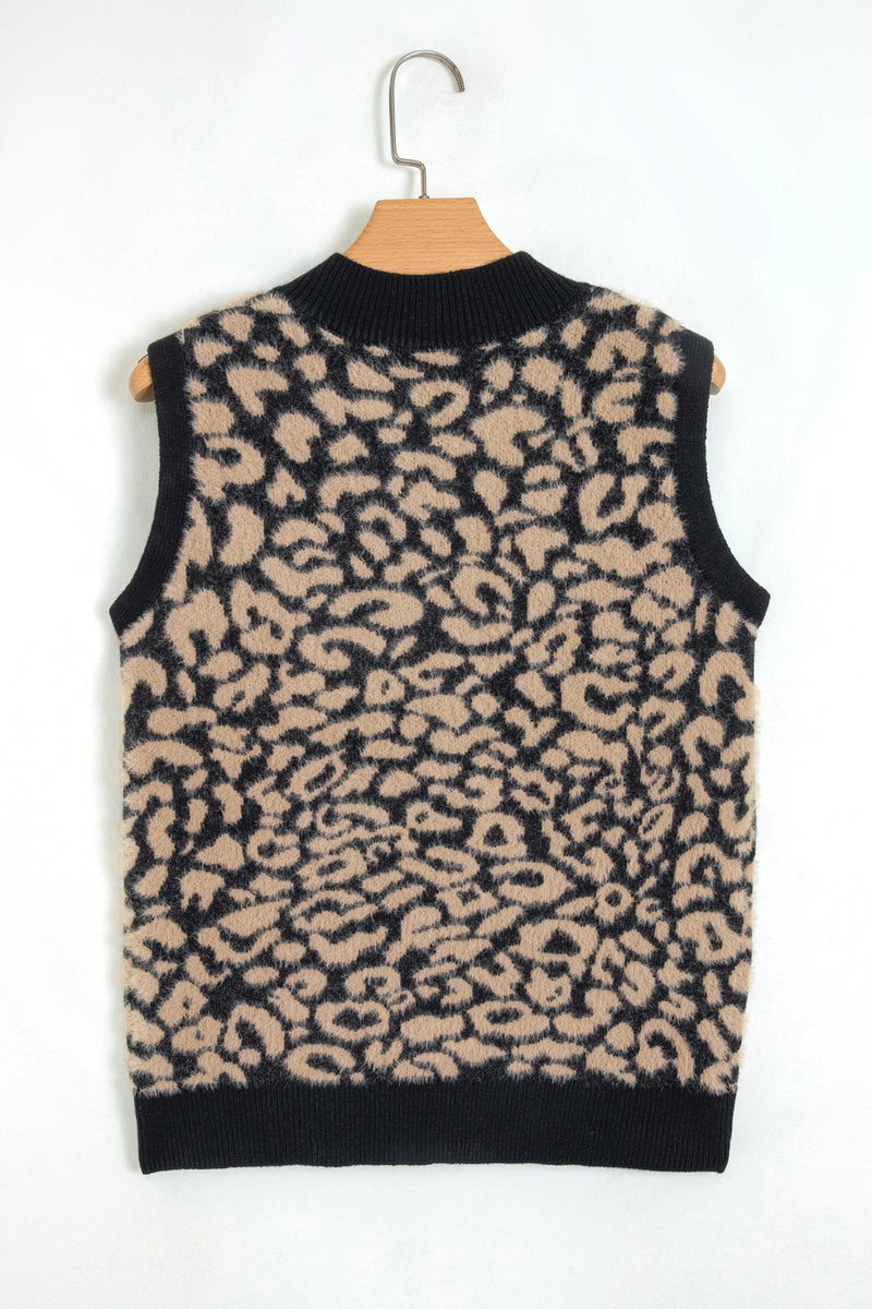 Load image into Gallery viewer, DLLS795 - Ladies Black Leopard Print Knit Sleeveless Regular Wash Sweater Vest
