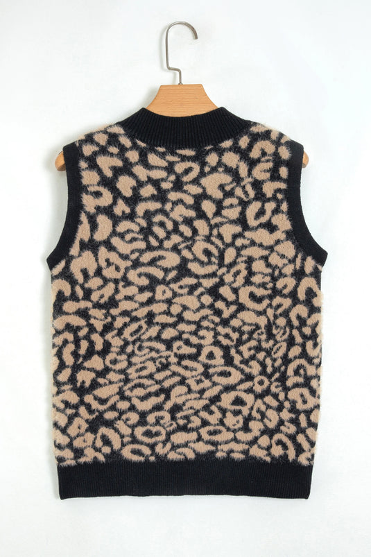 DLLS795 - Ladies Black Leopard Print Knit Sleeveless Regular Wash Sweater Vest