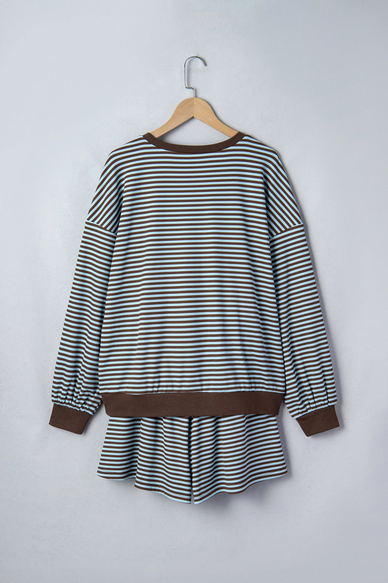 Load image into Gallery viewer, DLLS1083 - Ladies Brown Stripe Oversized Long Sleeve Top Drawstring Loose Shorts 2pcs Set

