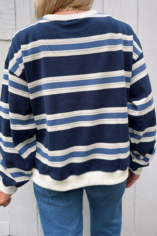 DLLS968 - Ladies Blue Stripe Ribbed Color Block Trim Round Neck Dropped Shoulder Sweatshirt