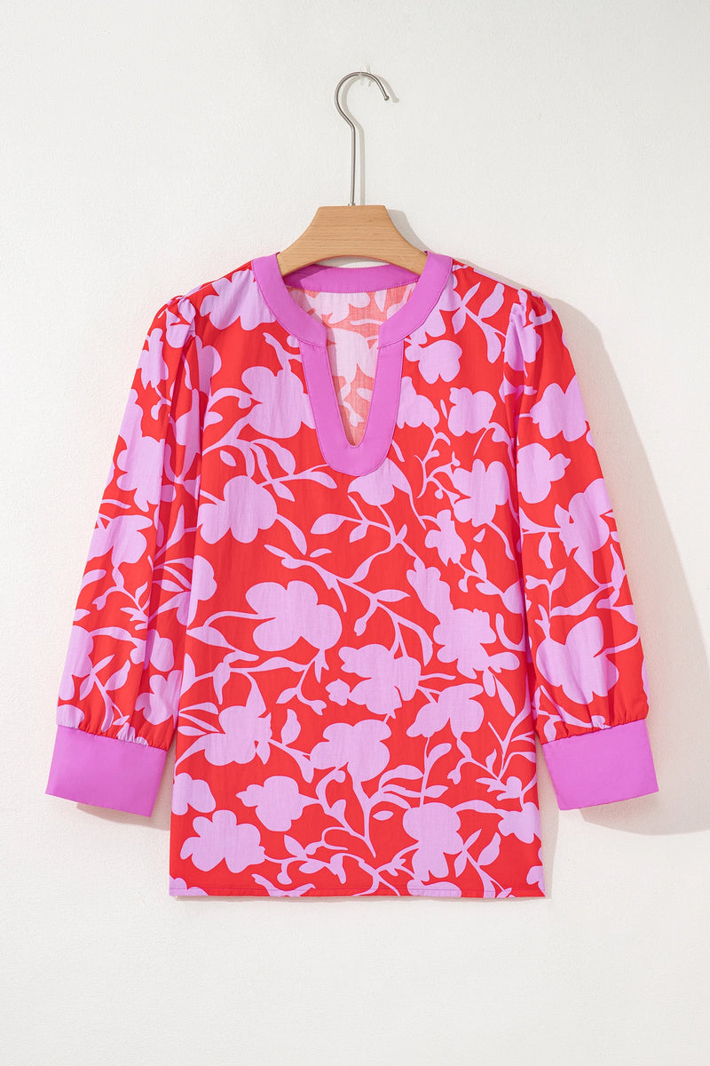 Load image into Gallery viewer, DLLS330 - Ladies Red Floral Print Split V Neck Cuffed Bracelet Sleeve Blouse

