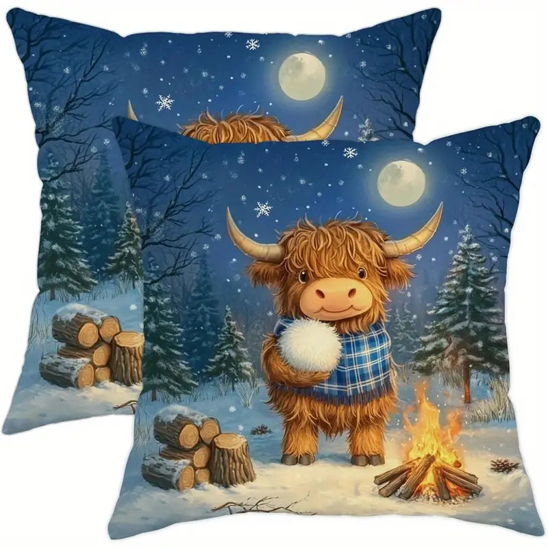 Load image into Gallery viewer, TMPL50 - Set of 2 - 18&quot; x 18&quot; Winter Young Highland Cow Throw Pillows
