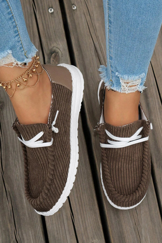 DLLSHOE 43  - Coffee Solid Ribbed Criss Cross Slip On Casual Shoes