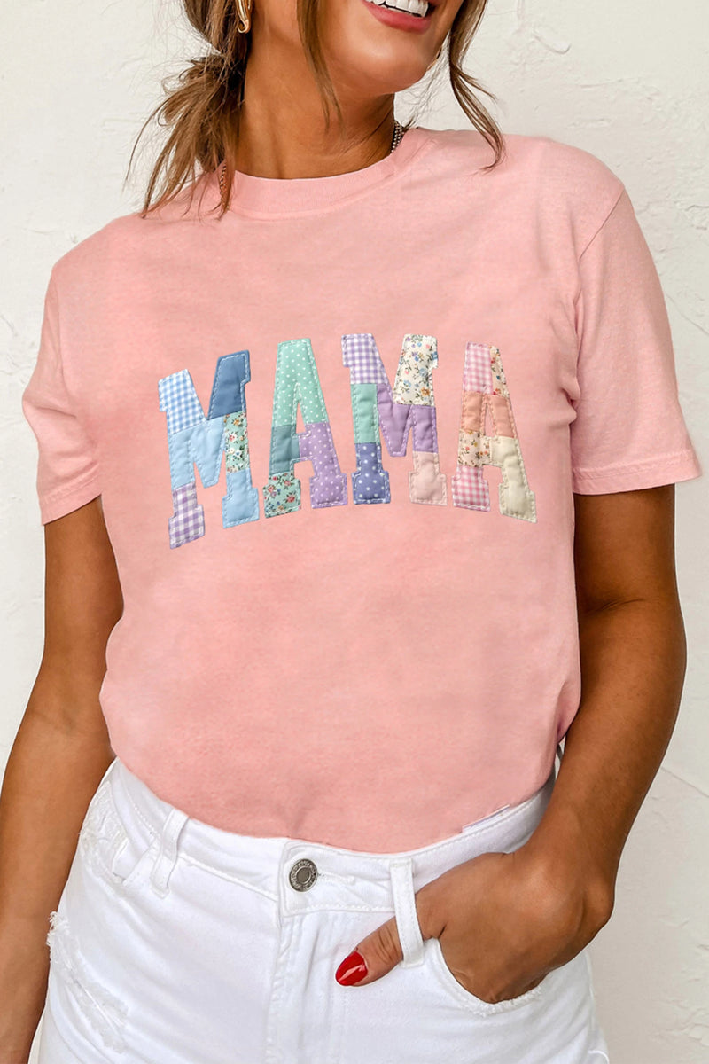 Load image into Gallery viewer, DLLS549 - Ladies Pink Faux Patchwork Print Floral MAMA Lettering T Shirt
