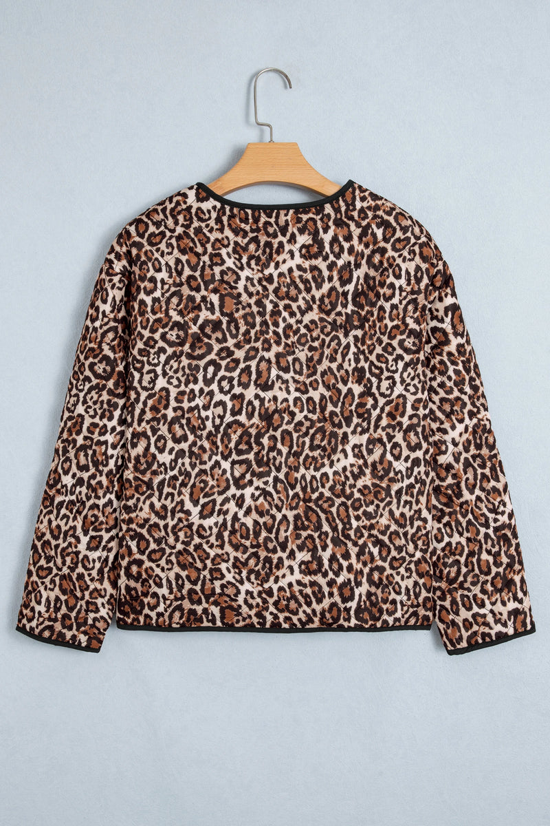 Load image into Gallery viewer, DLLS997 - Ladies Brown Leopard Print Quilted Button Front Patch Pockets Jacket
