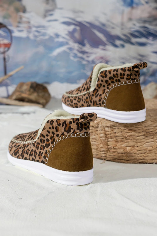 DLLSHOE 124 - Brown Leopard Print Ankle Patched Flat Winter Fur Boots