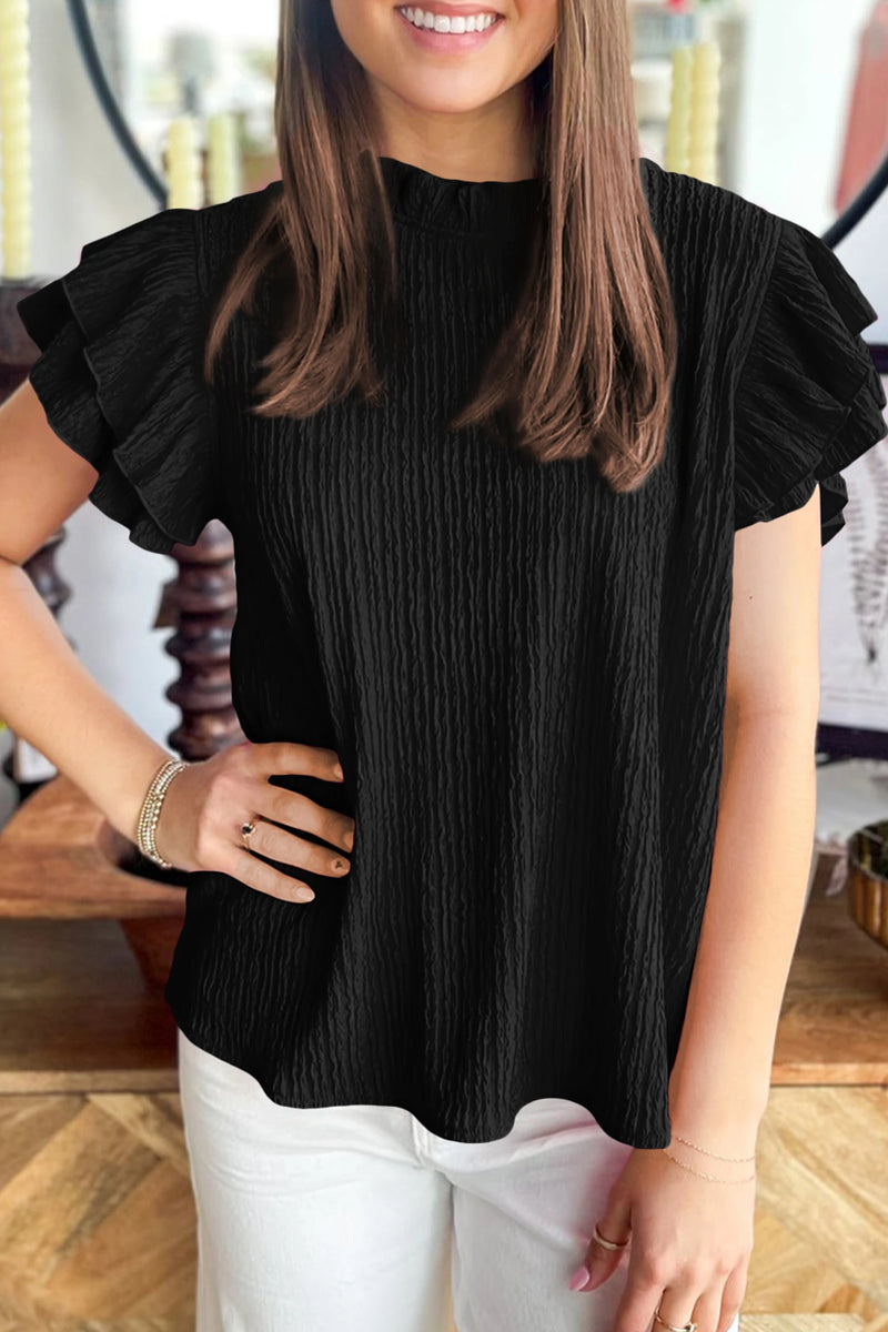 Load image into Gallery viewer, DLLS693 - Ladies Black Solid Color Textured Ruffle Trim Short Sleeve Blouse
