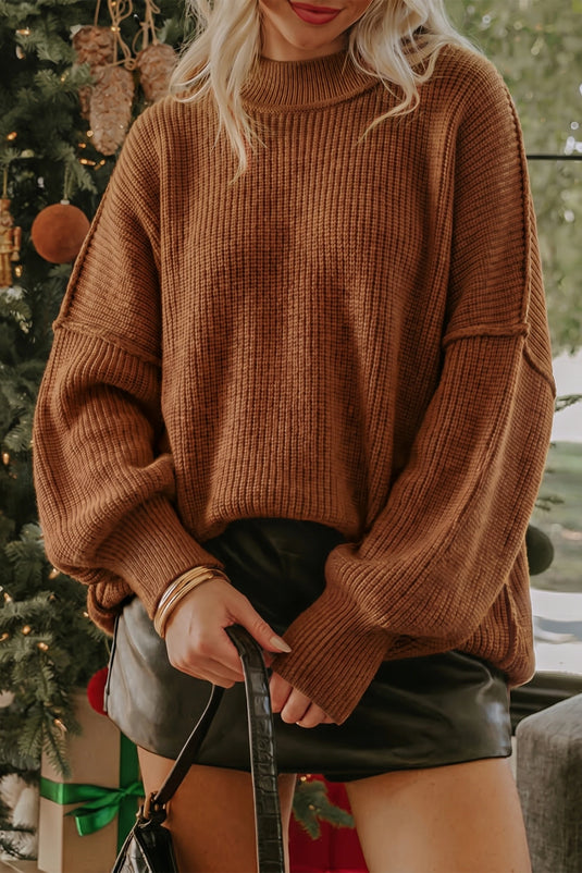 DLLS737 - Ladies Chestnut Long Sleeve Ribbed Knit Stand Neck Regular Fit Sweater