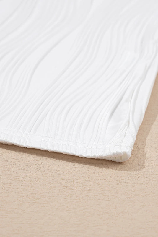 DLLS443 - Ladies White Wavy Textured Button V Neck Tee