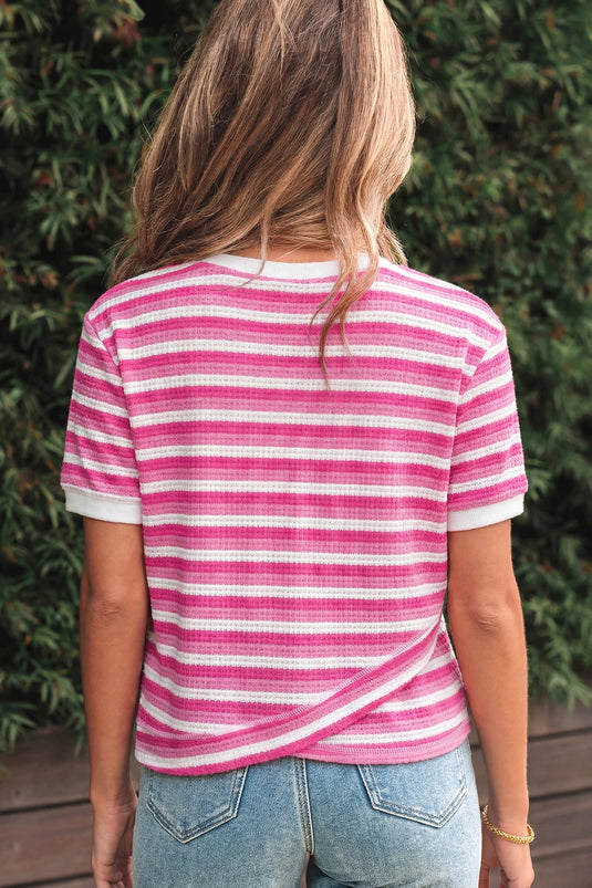 DLLS559 - Ladies Sachet Pink Textured Knit Short Sleeve Crossed Detail Tee