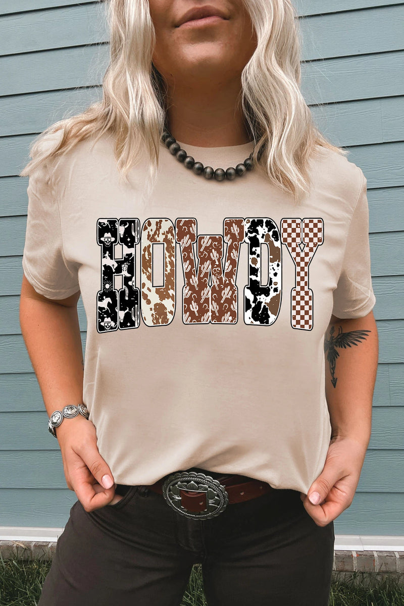 Load image into Gallery viewer, DLLS756 - Ladies Khaki Western HOWDY Slogan Casual Graphic T-Shirt
