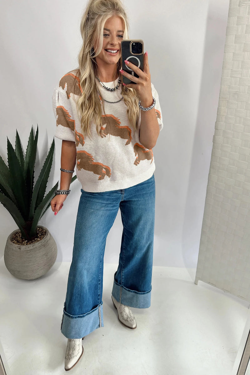 Load image into Gallery viewer, DLLS741 - Ladies White Western Horse Printed Short Puff Sleeve Sweater

