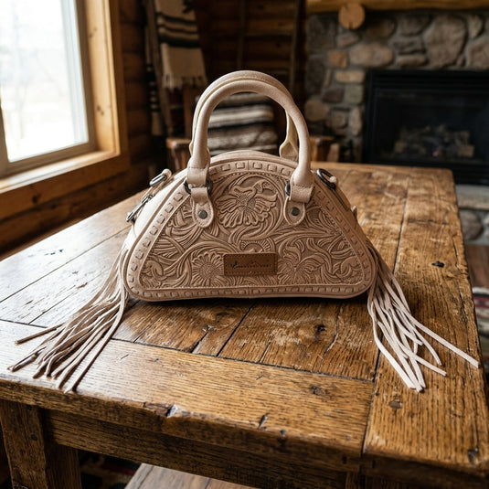 MW1363-889TN - Montana West Tooled Floral Fringe Dome Satchel Bag - Tan