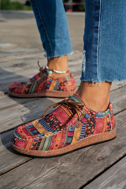DLLSHOE 46 - Racing Red Western Print Faux Suede Lace-Up Decor Slip On Shoes