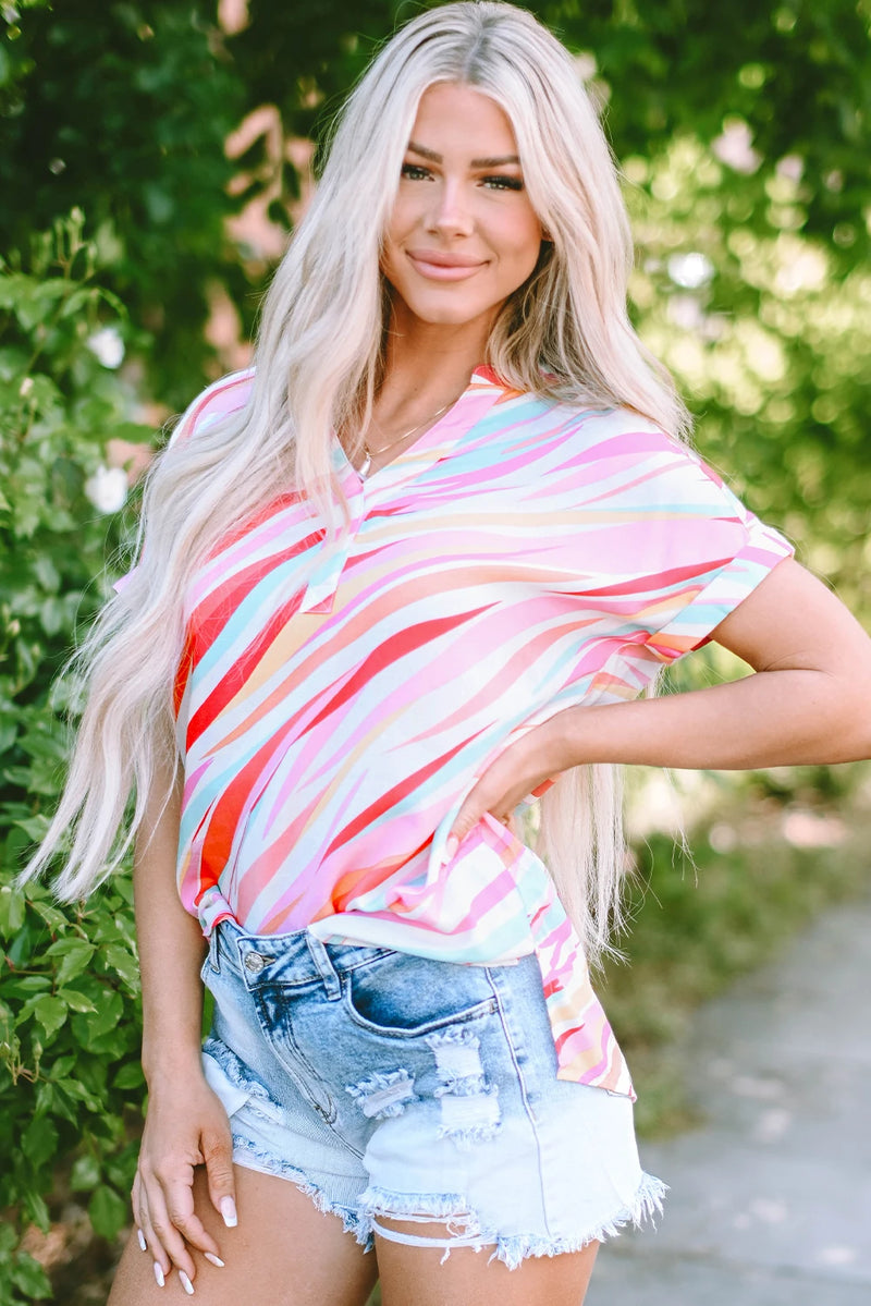 Load image into Gallery viewer, DLLS566 - Ladies Multicolor Abstract Print High Low Short Sleeve Blouse
