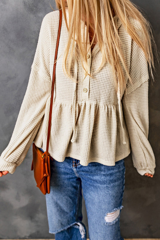 DLLS108 - Ladies Apricot Waffle Knit Buttons Ruffled Hooded Top