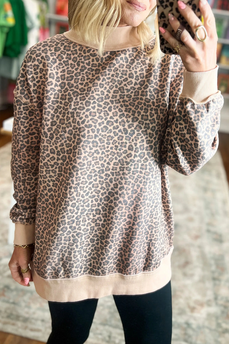 Load image into Gallery viewer, DLLS892 - Ladies Multicolour Leopard Print Long Sleeve Ribbed Cuffs Hem Sweatshirt
