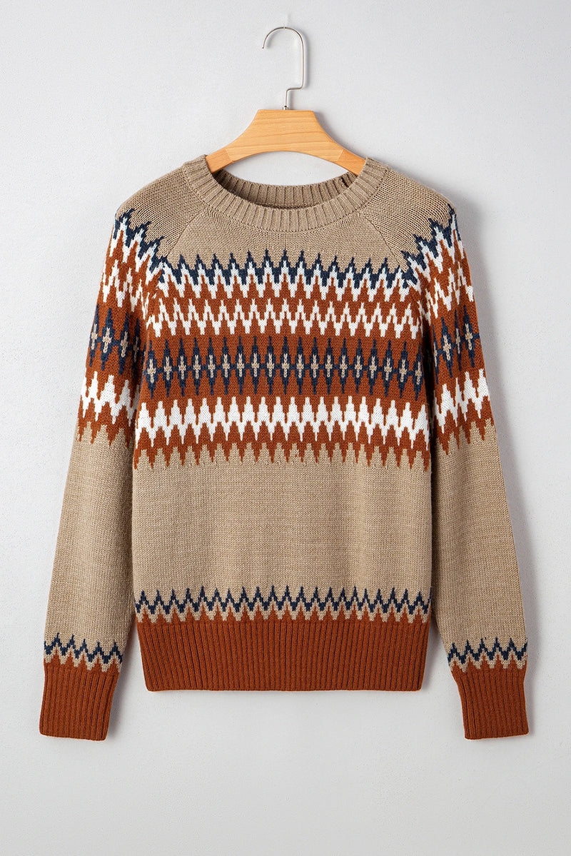 Load image into Gallery viewer, DLLS138 - Ladies Khaki Aztec Print Colorblock Crew Neck Sweater
