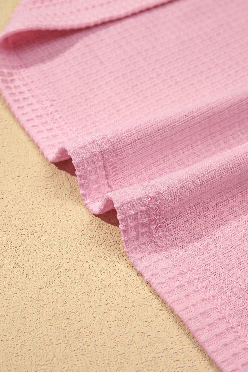 Load image into Gallery viewer, DLLS709 - Ladies Pink Lace Splicing Button Cutout V Neck Waffle Knit Blouse
