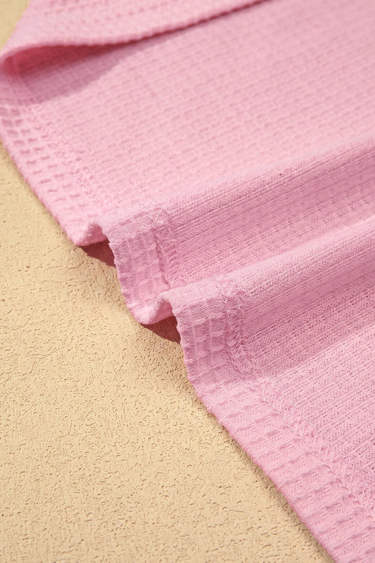 DLLS709 - Ladies Pink Lace Splicing Button Cutout V Neck Waffle Knit Blouse