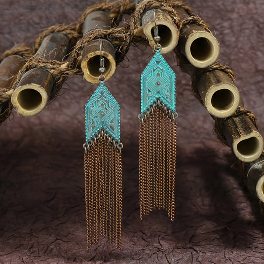 TMER64 - Bronze & Blue Tassle Long Earrings