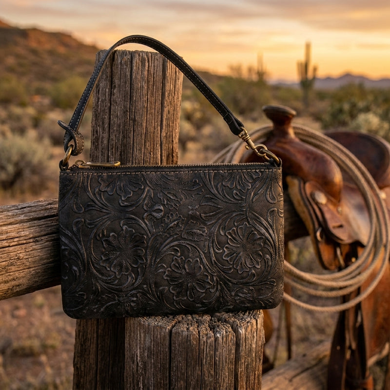 Load image into Gallery viewer, 2090687BK - Justin Mini Shoulder Bag Tooled Black
