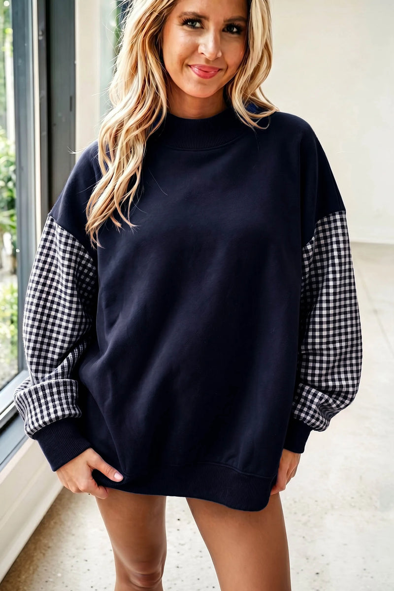 Load image into Gallery viewer, DLLS1122 - Ladies Navy Blue Plaid Sleeve Colorblock Loose Tunic Sweatshirt
