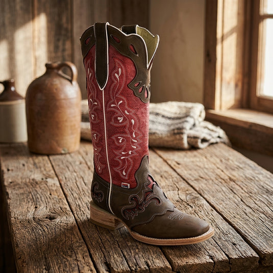 2180 - RockinLeather Women's Tall Distressed Brown/Red Boot With Wide Square Toe