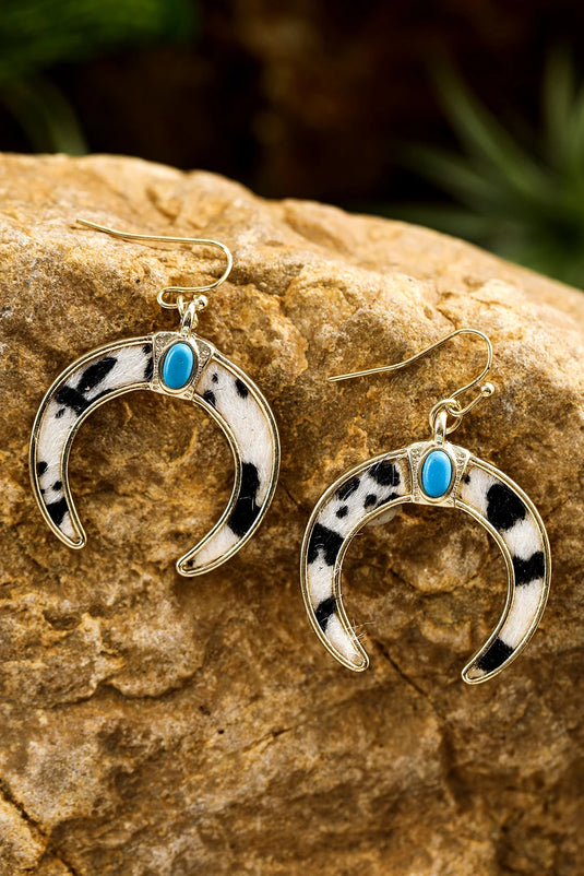 DLLER 16 - Black Cow Print Turquoise Inlay Crescent Shaped Dangle Earrings