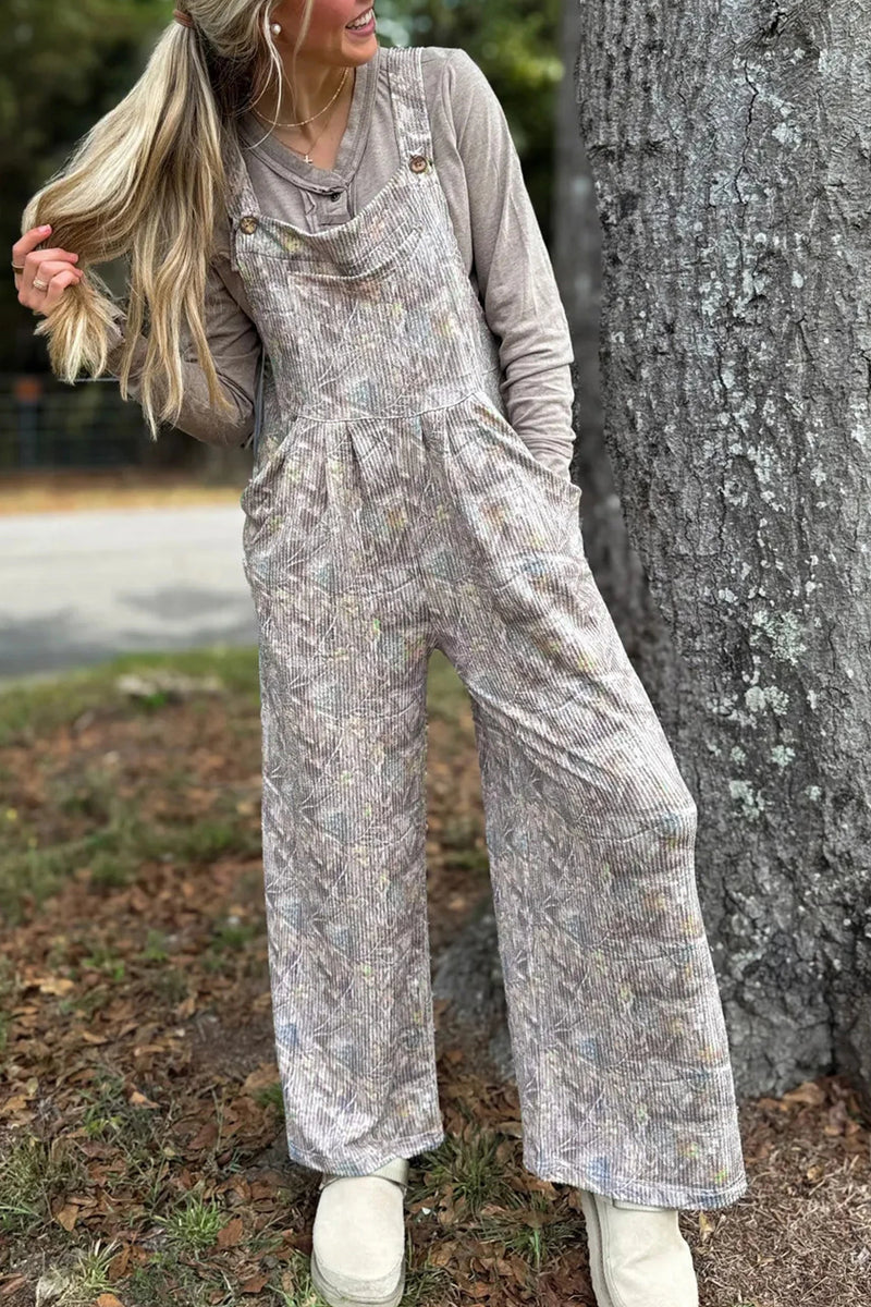 Load image into Gallery viewer, DLLS797 - Ladies Brown Camouflage Twist Ribbed Sleeveless Full-Length Casual Jumpsuit
