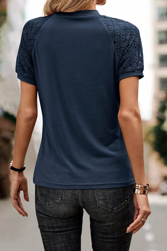 DLLS535 - Ladies Navy Blue Seamed Detail Contrast Lace Raglan Sleeve Tee